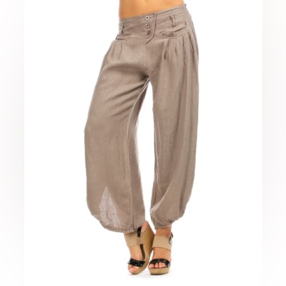 ITALIAN LINEN BOHO SLOUCHY PANTS BEIGE TAN NATURAL S/M NWT